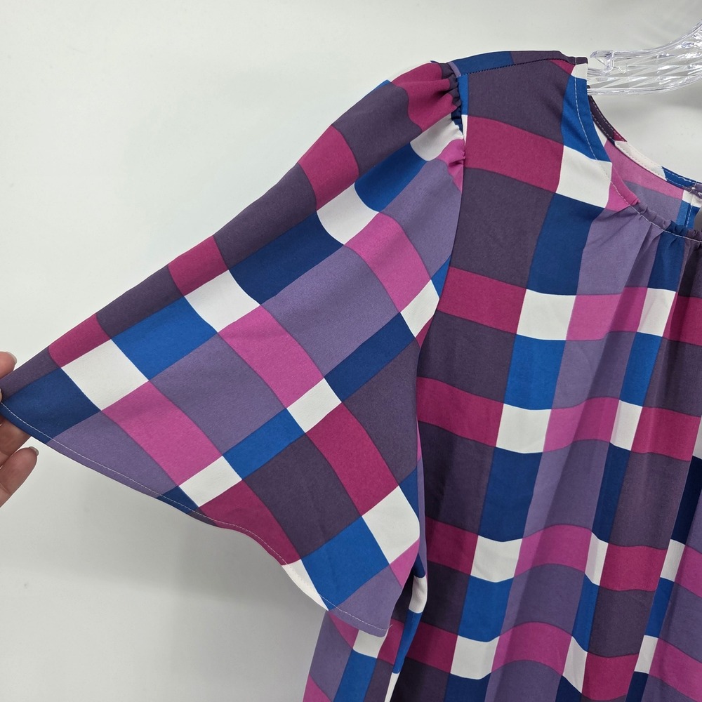 Ann Taylor Factory Dress Large Purple Plaid Flutter Sleeve Eclectic Shift - Picture 2 of 8
